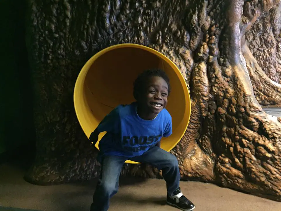 Child at the PlayZeum slide and themed play feature.