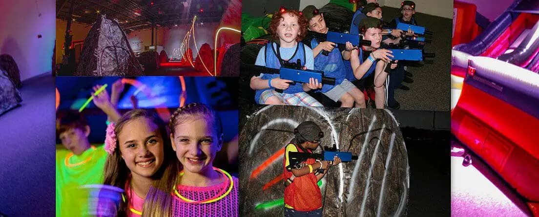 Collage showing inflatable play and laser tag at Jumping Jungle.