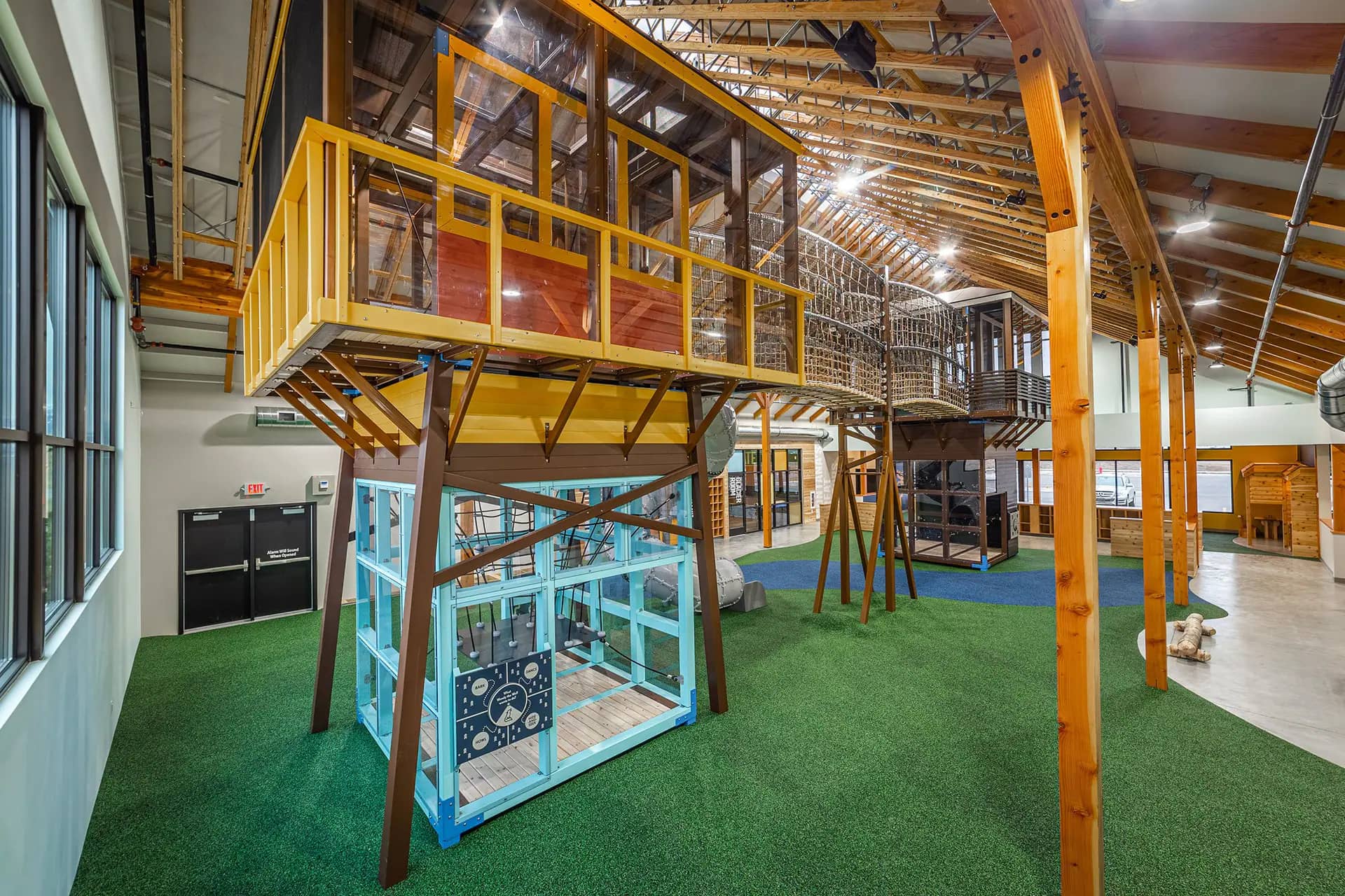 Wide view of the multi-level play towers inside Montana's Great Indoors.