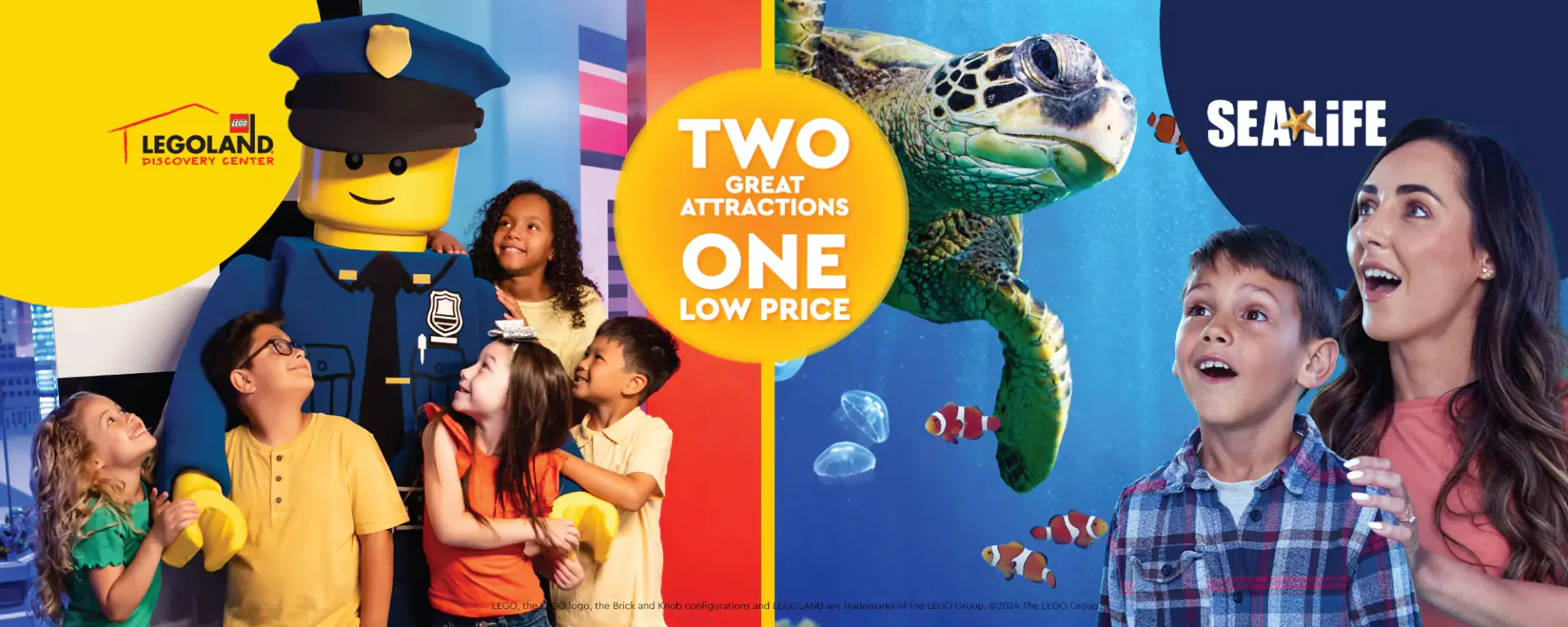 Combo ticket promotional image for LEGOLAND Discovery Center Michigan and SEA LIFE.