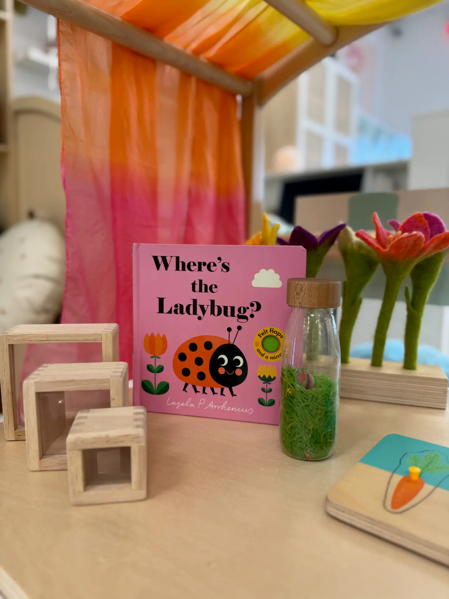 Close-up of books and wooden toys set out for child-led play at Little Magic Playland.