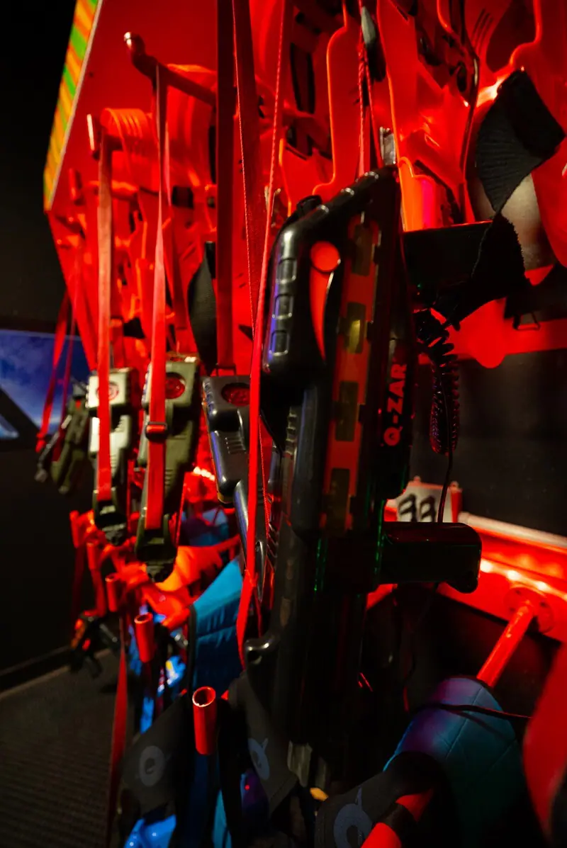 Laser tag gear and attraction area at Rocket World.