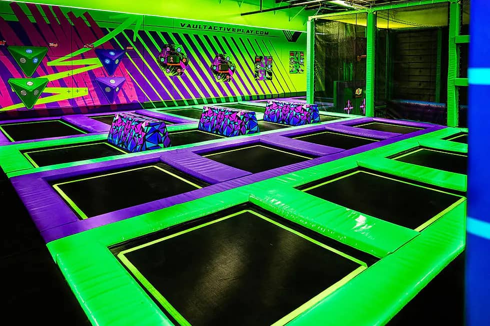 Trampoline courts inside Vault ActivePLAY in Forest Hill.