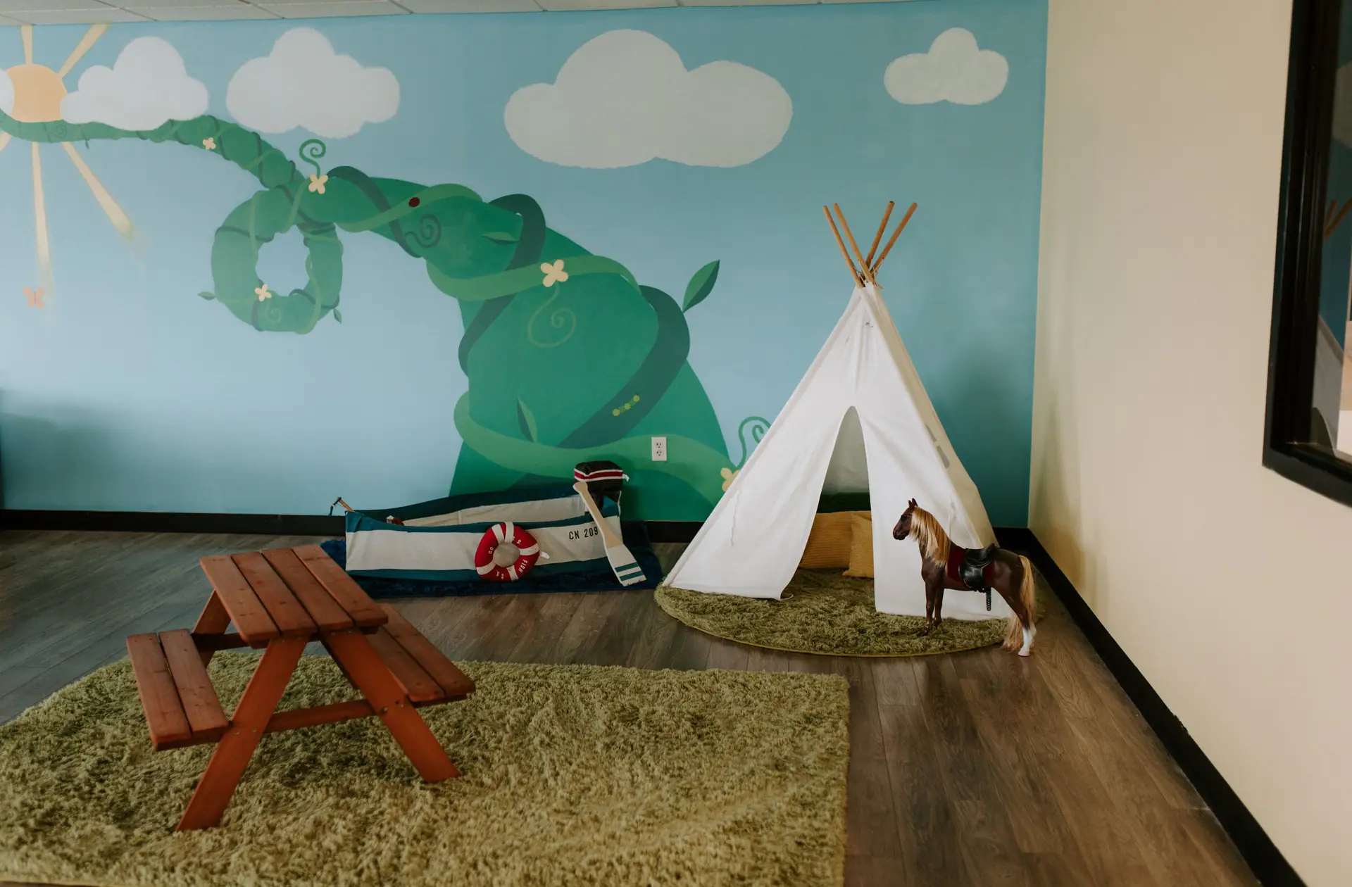 Pretend-play teepee area at Beanstalk HQ