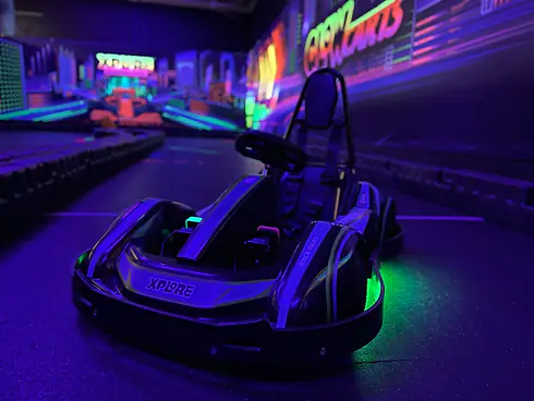 Glow karts attraction at Xplore Family Fun Center in Commack.