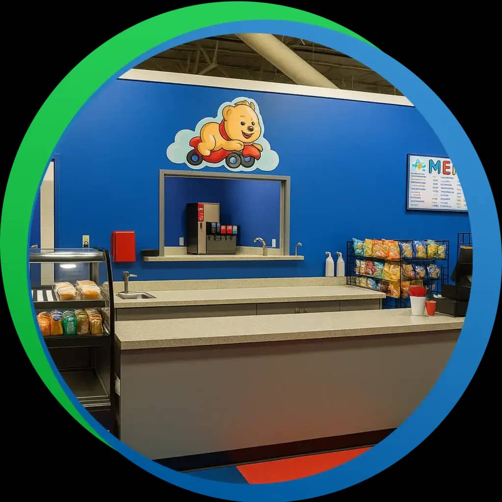 Café and parent seating area at Luv 2 Play Stockton.