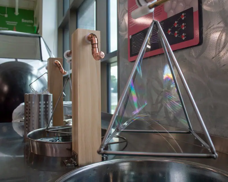 Geometric bubbles exhibit inside EUREKA! McConnell Science Museum.