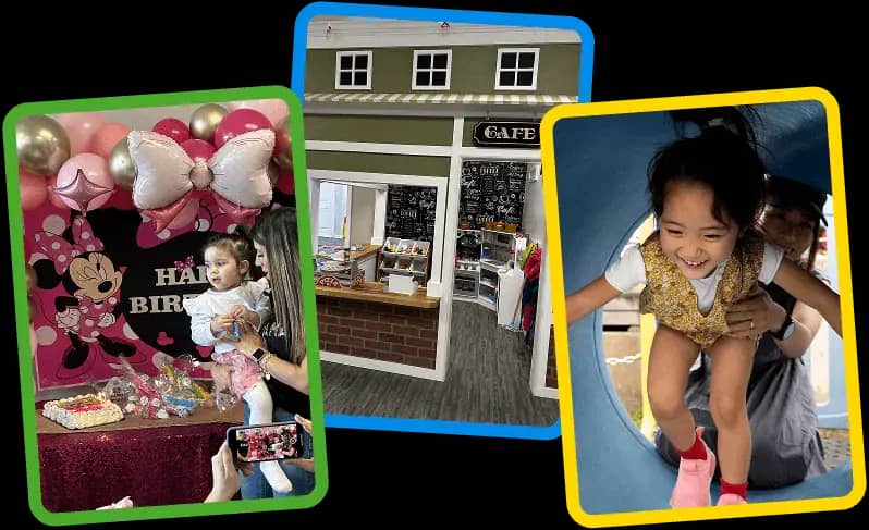 Collage showing Little Laughs Playtime's party setup, play café storefront, and tunnel play area.