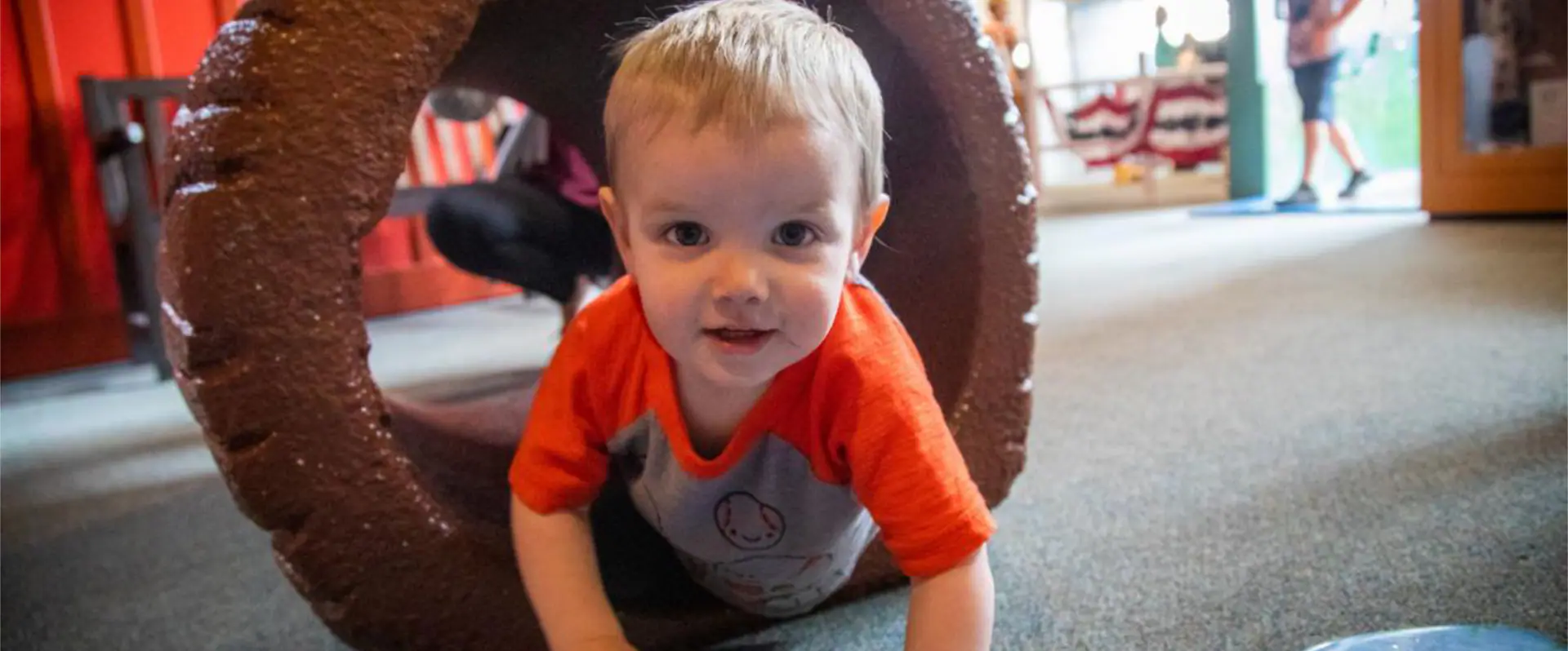 Young child crawling through a toddler-friendly tunnel exhibit at Treehouse Children's Museum.