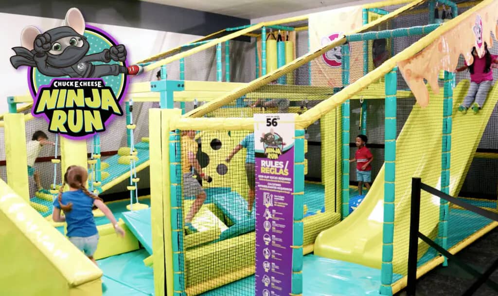 Adventure-style climbing and movement play attraction at Chuck E. Cheese.