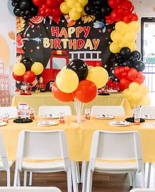 Birthday party table setup at Funtown Play Cafe.