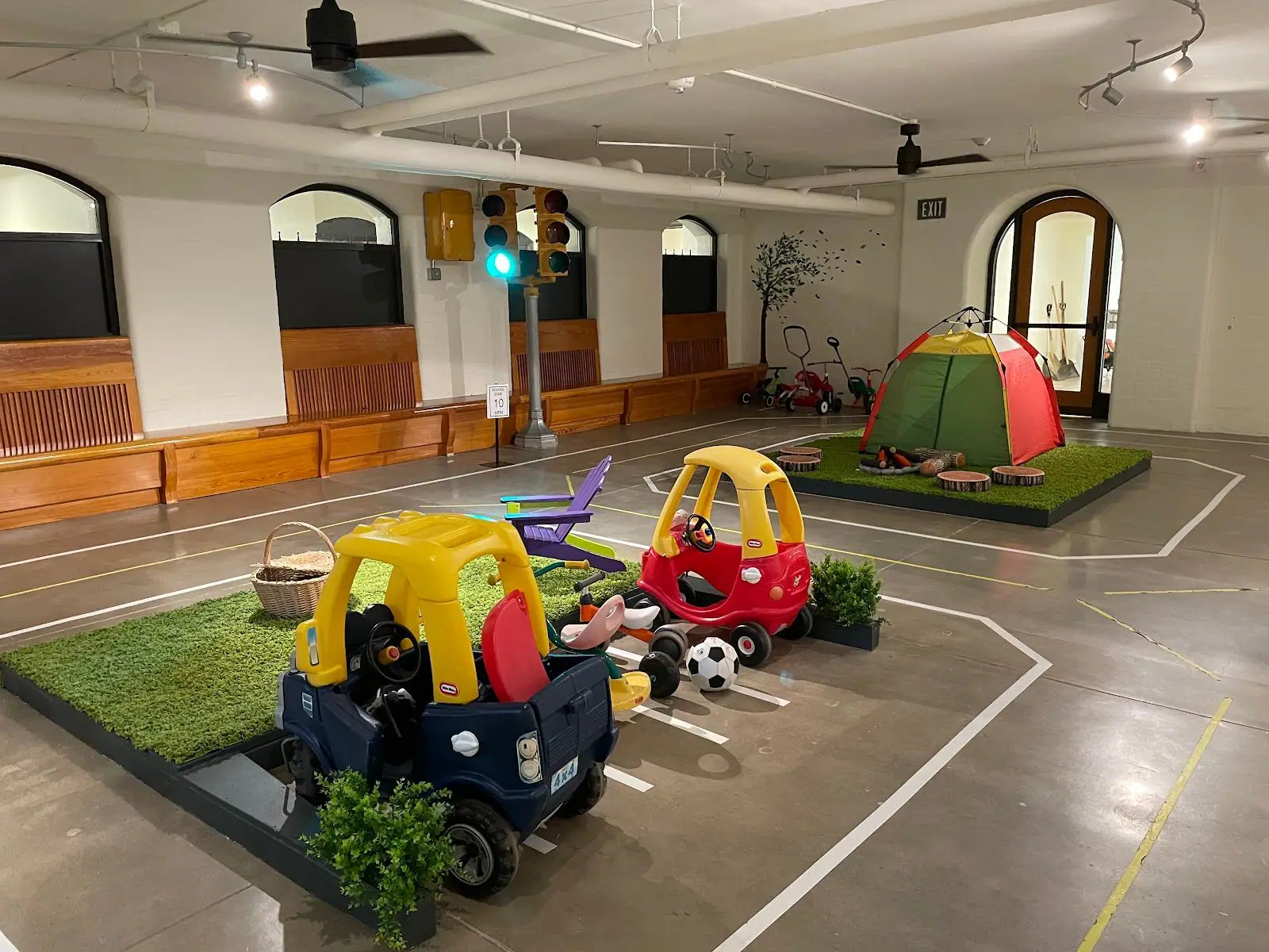 Indoor road-themed play area at Smith Memorial Playground & Playhouse