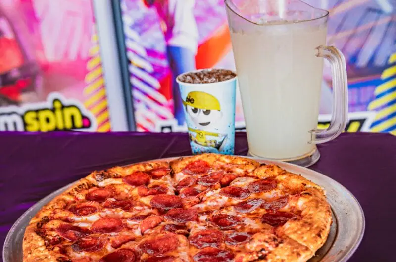 Pizza and drinks at Urban Air cafe area.