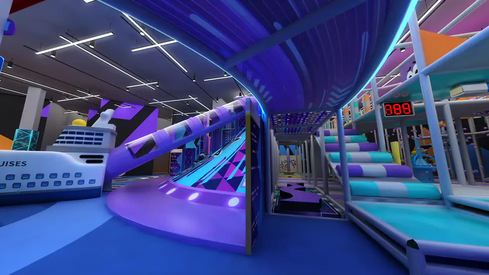 A colorful interior play scene at Flying Apple in Brooklyn.