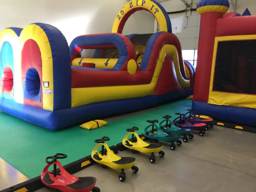 Inflatable obstacle-course room and wiggle carts at Wippersnappers.