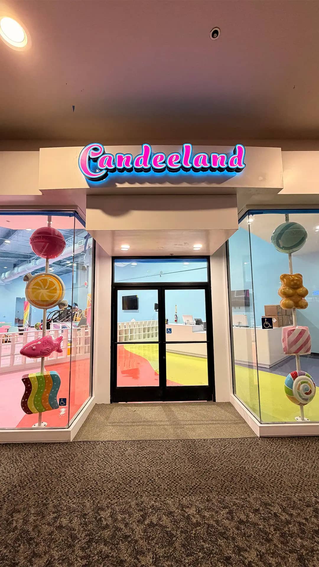 Front entrance to Candeeland Modesto inside Vintage Faire Mall.