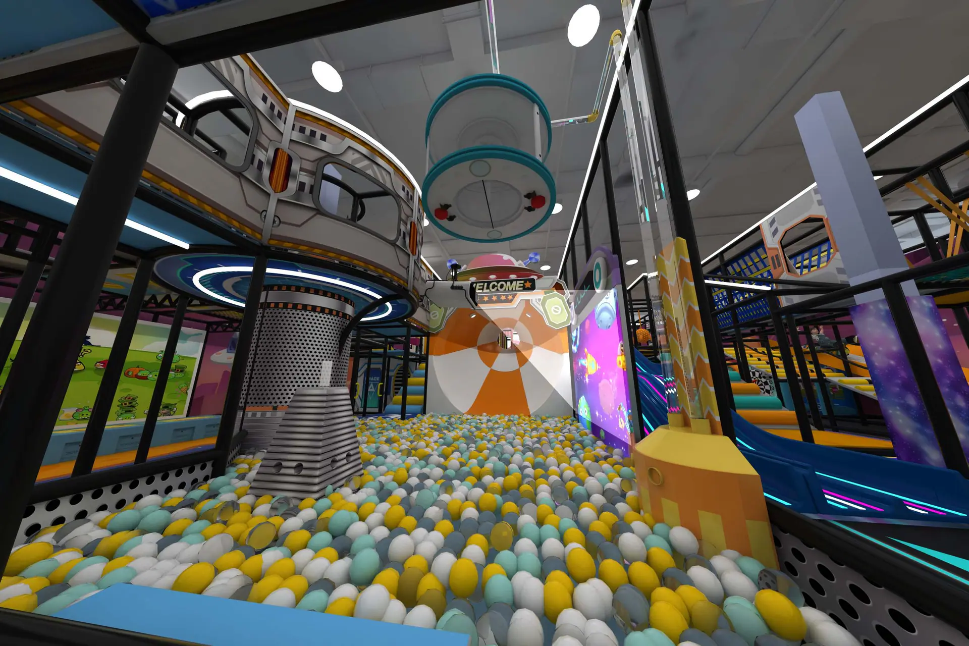 Ball-pit play zone inside Kidztopia Boston.