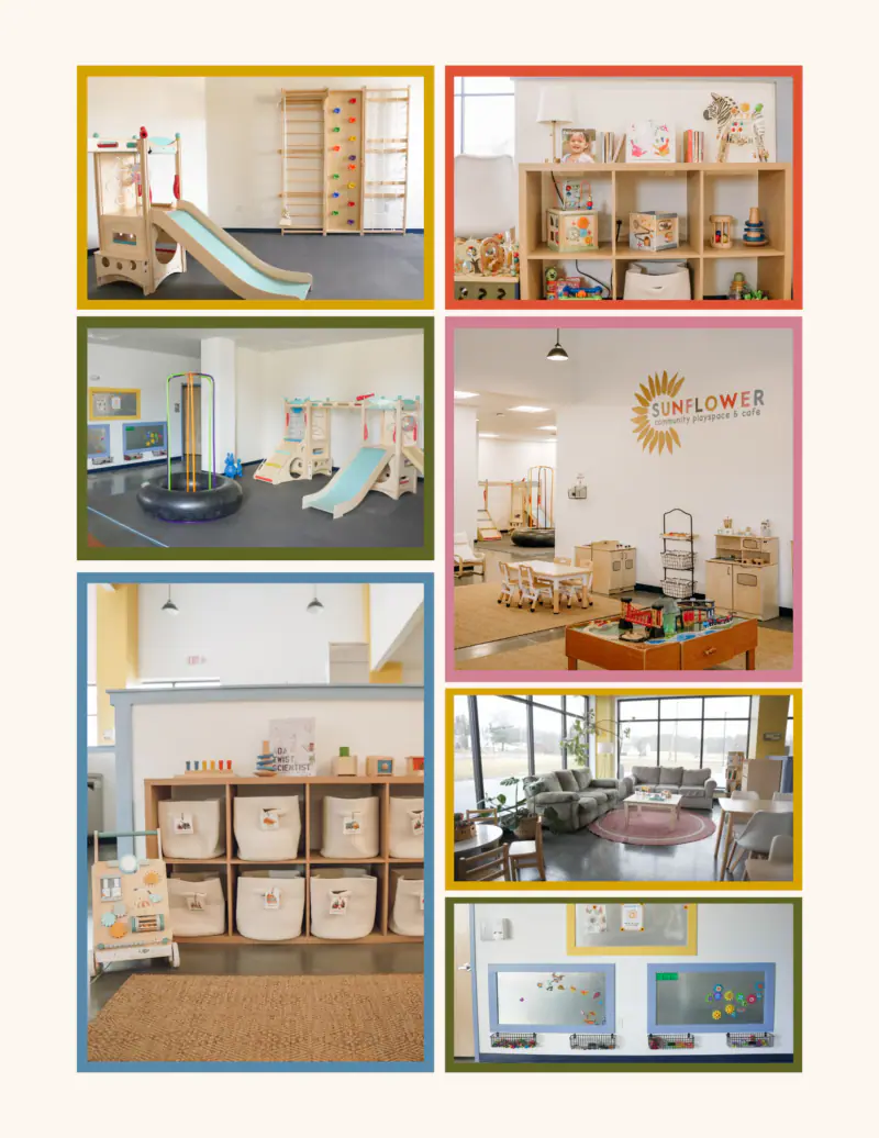 Collage of the Sunflower playspace, toys, tables, and parent seating area.