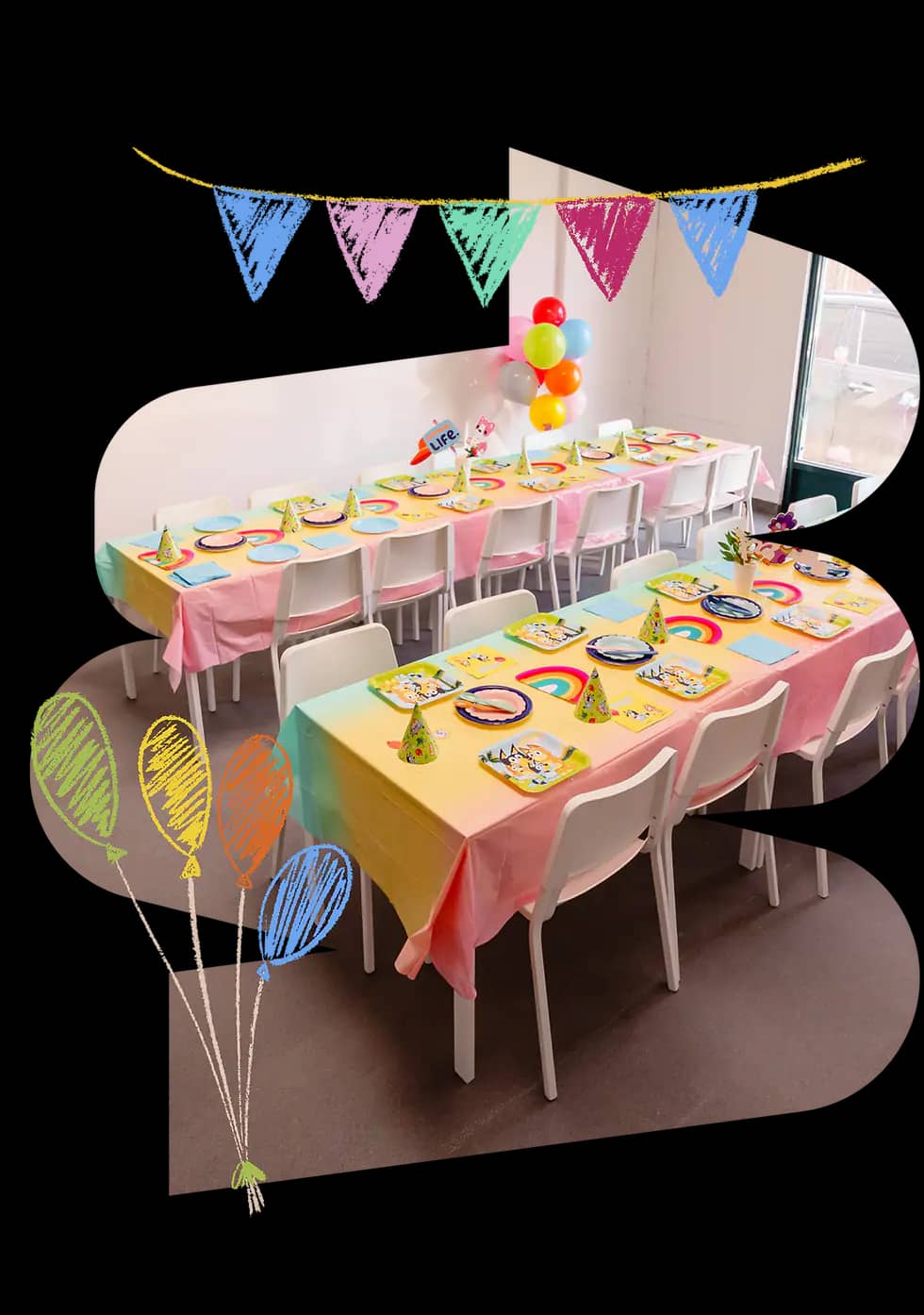 A decorated party setup inside WonderPlay & Coffee.