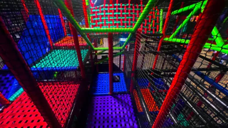 Multi-level indoor soft play structure at ATOMIC CITY Family Entertainment Center in Paducah