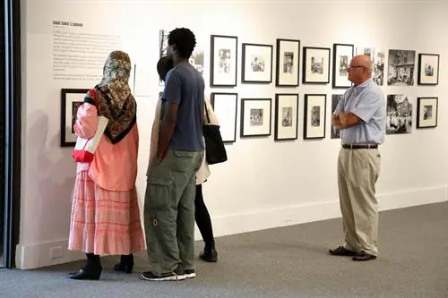 Visitors viewing framed artwork inside the Albany Museum of Art galleries.