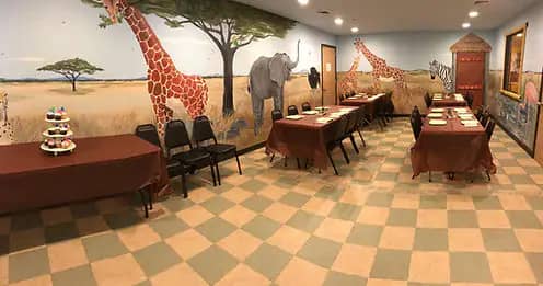 Safari-themed birthday party room at Safari Adventure.