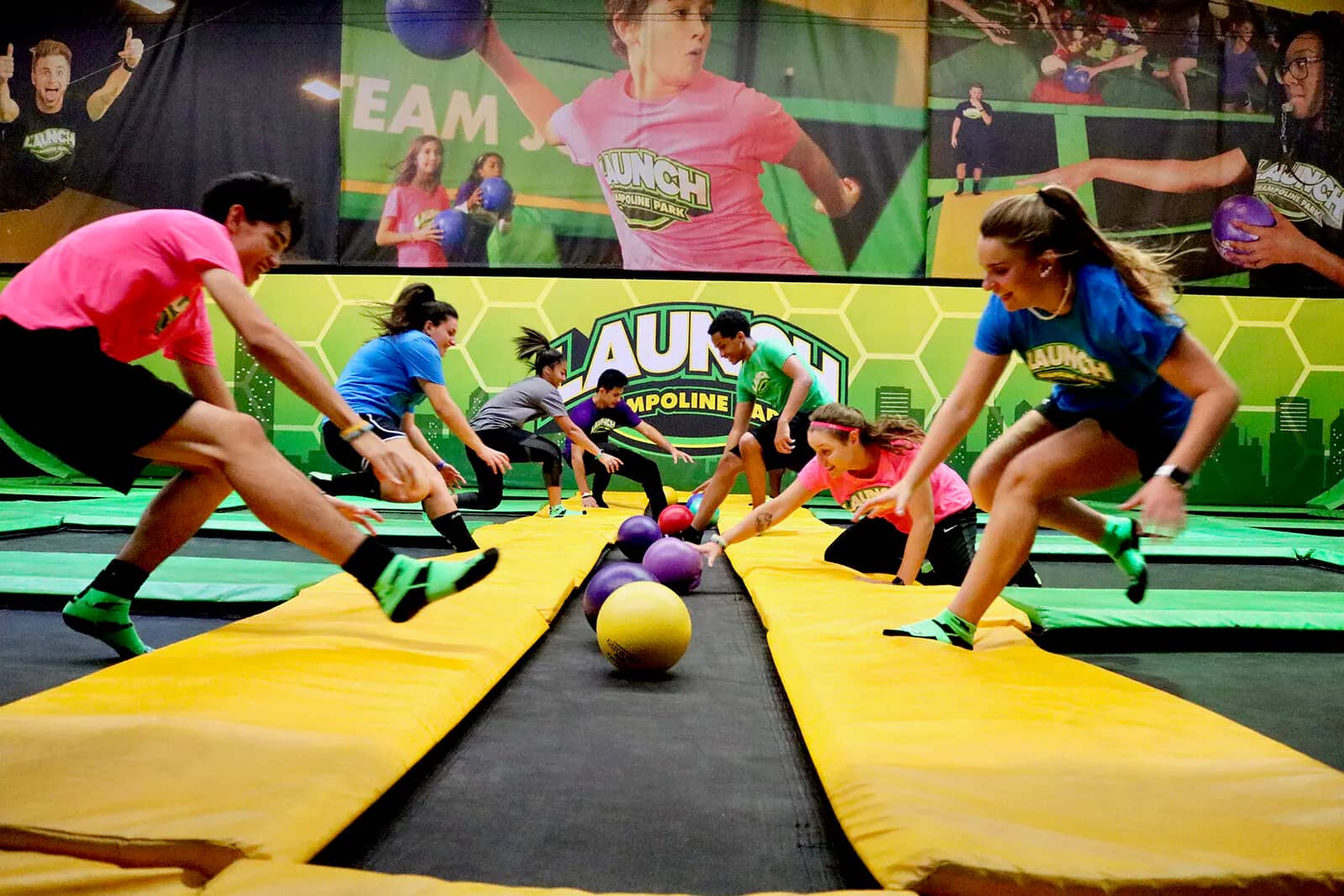 Dodgeball game inside Launch Trampoline Park Pearl