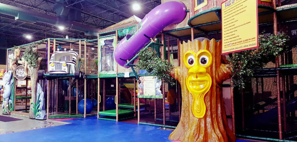 Wide interior view of Safari Nation with multiple active-play attractions.