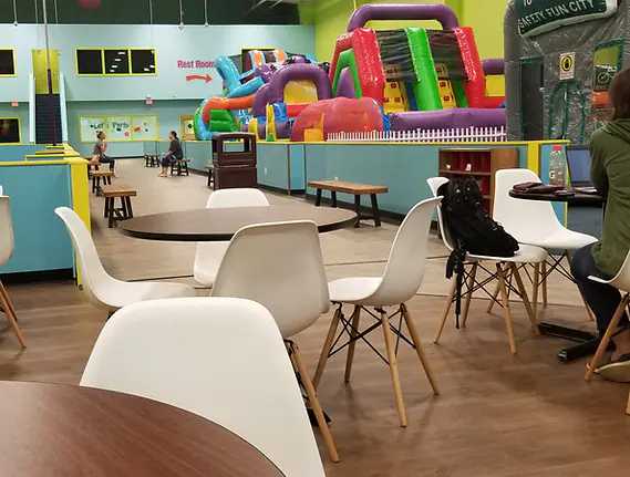 Café and seating area at Bounce Hopper in Pittsford.