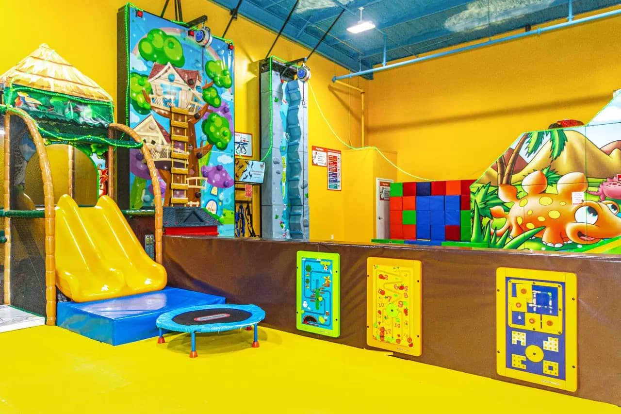 Slides, climbing wall, and activity panels inside Newtopia Fun Park.