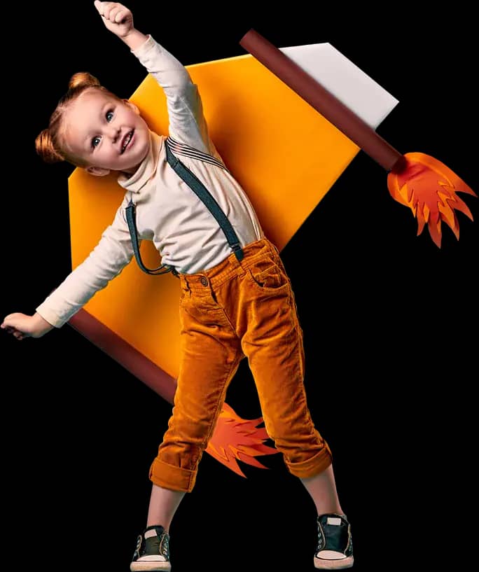 Promotional museum image featuring a child and school-themed props.