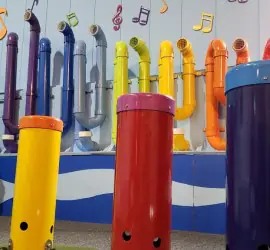 Colorful music-tube exhibit at Cape Cod Children's Museum.