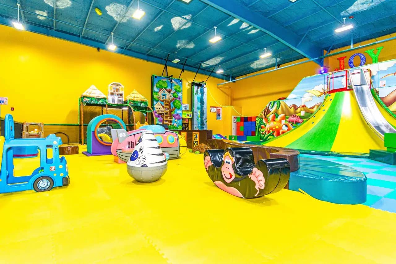 Toddler-friendly play floor and giant slide area at Newtopia Fun Park.