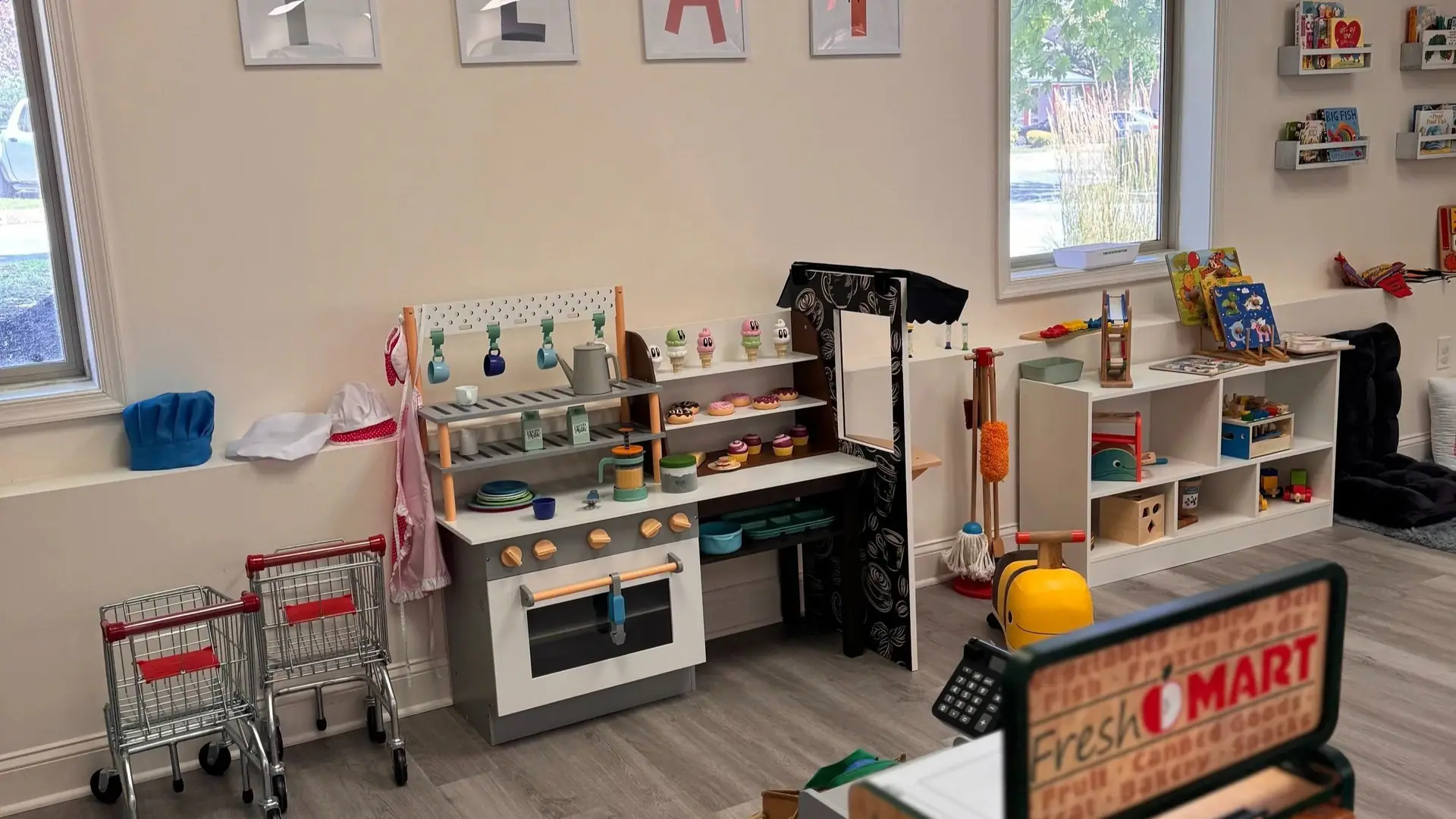 Pretend-play kitchen area at SPARK Creativity Center in Easton